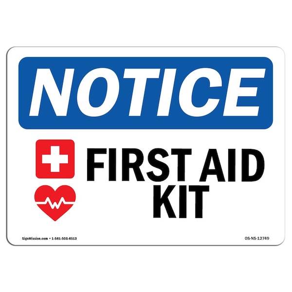 Safety Sign, OSHA Notice, 3.5" Height, First Aid Kit Sign With Symbol, Landscape, 10PK